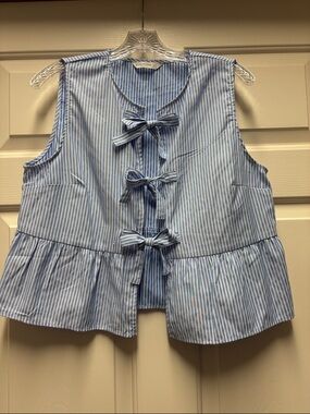 Stradivarius Blue White Striped Tie-Front Peplum Tank LARGE preppy cute